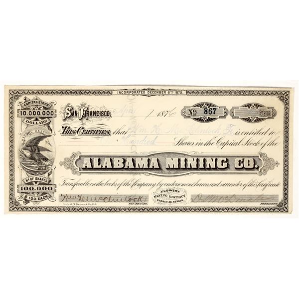 Alabama Mining Company Stock Certificate, Flowery District, NV (GT Brown Lith.) [195861]