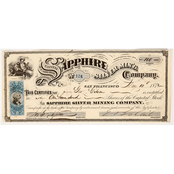 Sapphire Silver Mining Company Stock Certificate, Virginia City, Nevada, 1872 [195360]