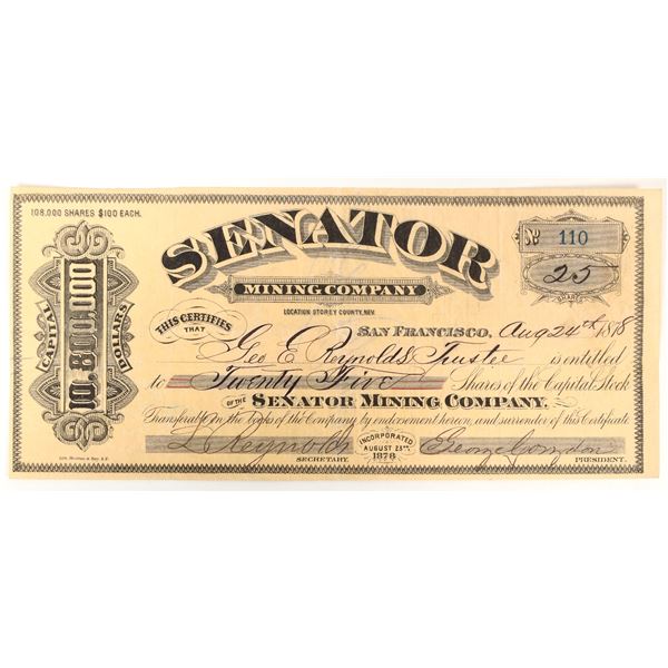 Senator Mining Company Stock Certificate, Virginia City, Nevada, 1878 [197929]