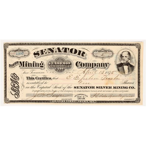 Senator Silver Mining Company Stock Certificate, 1875 [195361]