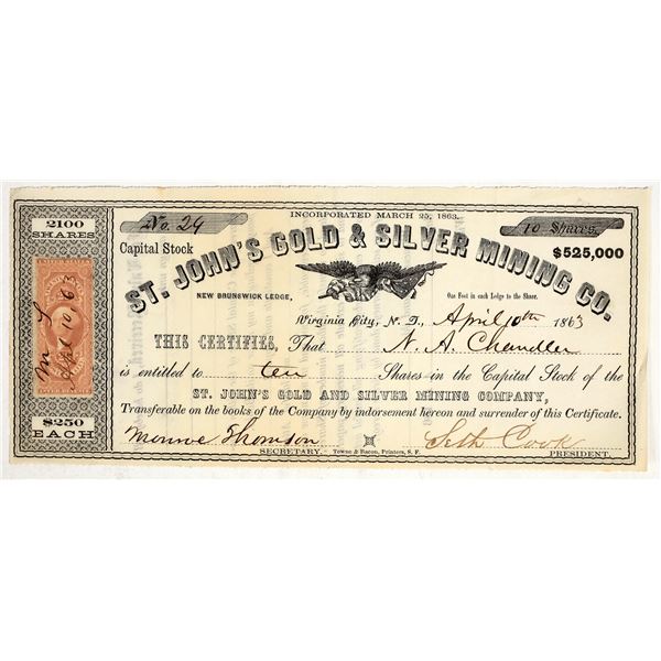 St. John's Gold & Silver Mining Co. Territorial Stock Certificate [200260]
