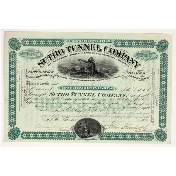 Sutro Tunnel Company Stock Certificate, 1887 [195899]
