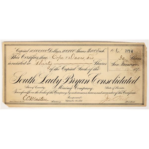 South Lady Bryan Consolidated Mining Co. Stock Certificate (GT Brown Lith.) [203946]