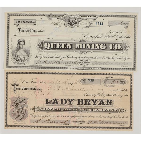 Two Different Flowery Lode, Virginia City, Nevada Mining Stocks (incl. GT Brown) [205011]