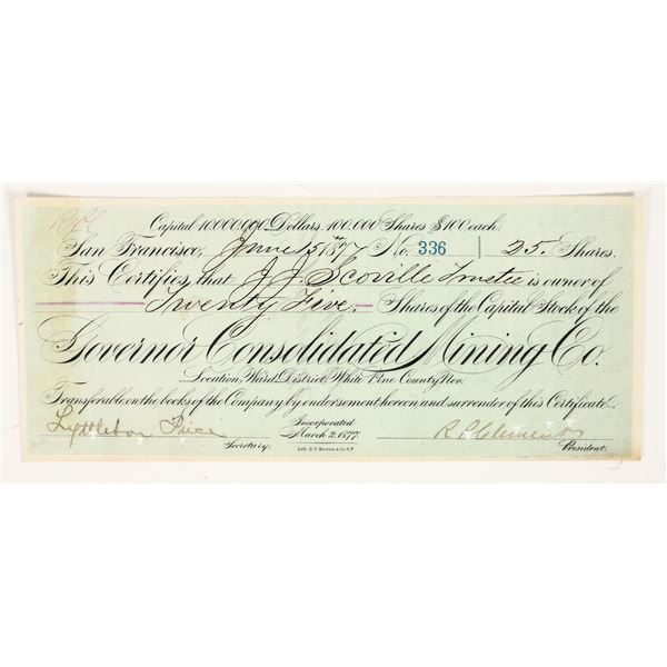 Governor Consolidated Mining Company Stock Certificate (GT Brown Lith.) [204153]