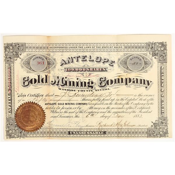 Antelope Gold Mining Company Stock, Washoe County, Nevada, 1883 [204769]