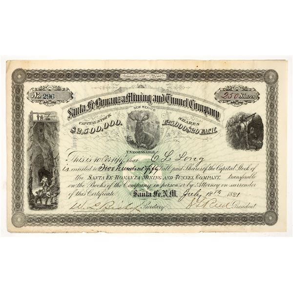 Santa Fe Bonanza Mining & Tunnel Company Stock Certificate, 1881 [204832]