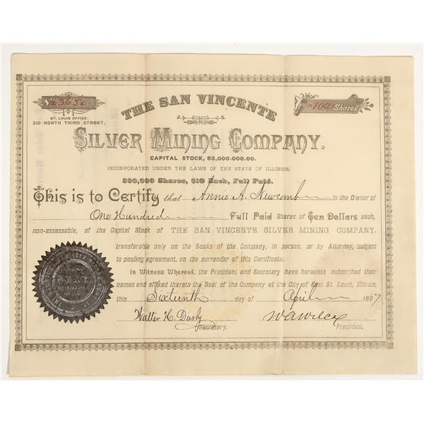 San Vincente Silver Mining Company Stock Certificate, 1887 [204778]