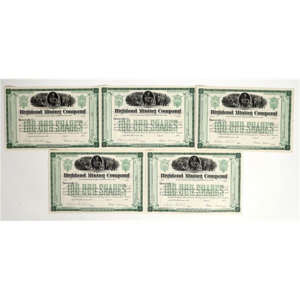 Highland Mining Co. Stocks Signed by Lloyd Tevis (5) [198220]