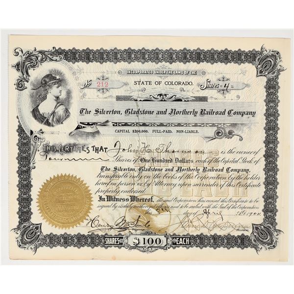 Silverton, Gladstone & Northerly Railroad Company Stock Certificate, 1904 [201783]