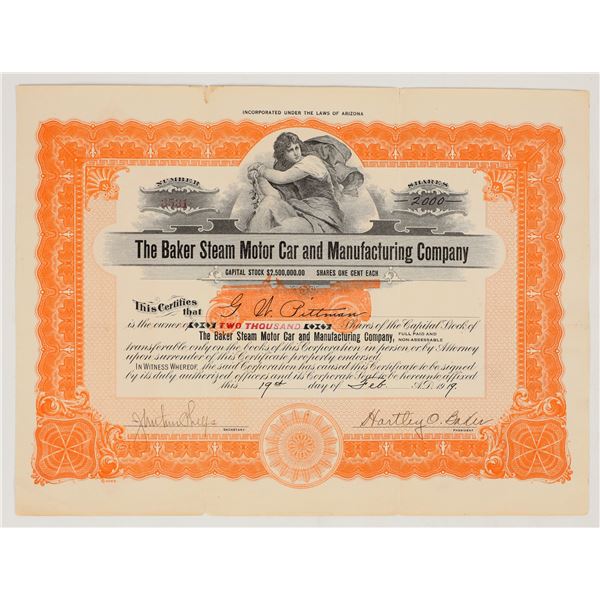 Baker Steam Motor Car & Manufacturing Company Stock Certificate, 1919 [195916]