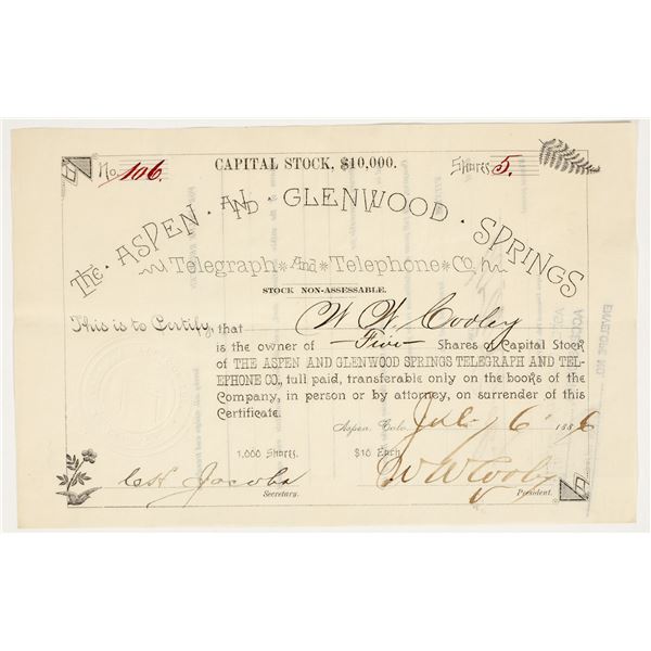Aspen & Glenwood Springs Telegraph & Telephone Co. Stock Certificate, 1886 [202741]