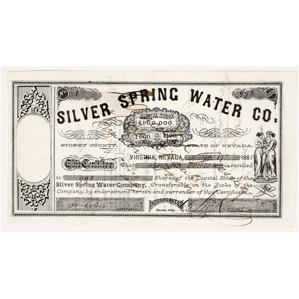 Silver Spring Water Company Stock Certificate, Virginia City, Nevada, 1865 [202747]