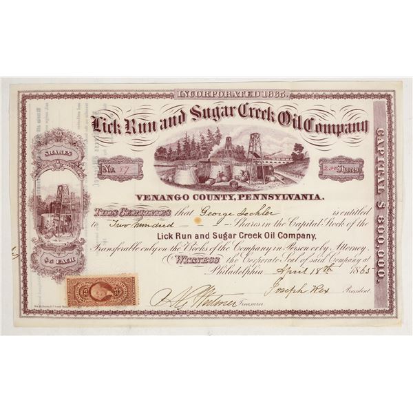 Lick Run & Sugar Creek Oil Company Stock Certificate, 1865 [201102]