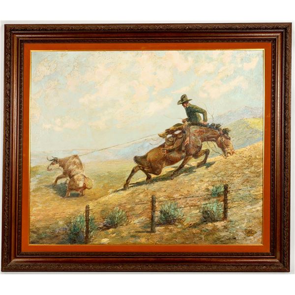 Ridin Line: Cowboy Lassoing a Steer, Dan Muller, 1935, Oil Painting [203889]