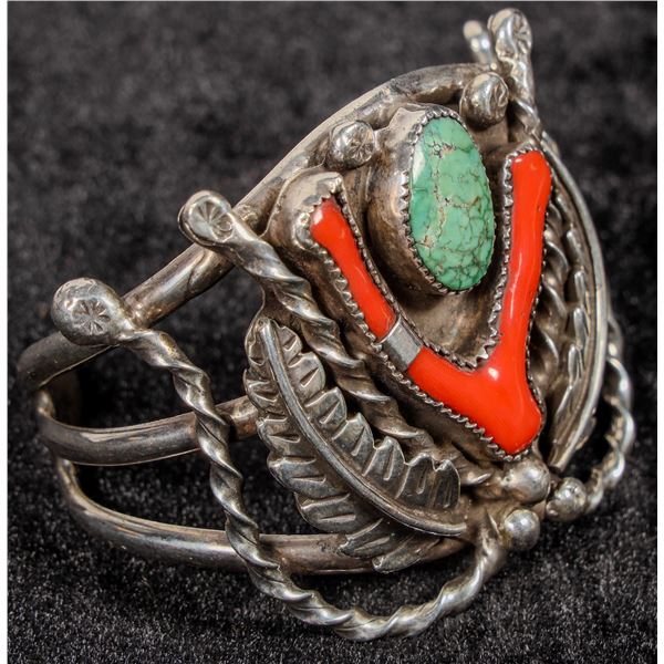 Classic Navajo Bracelet, Sterling Silver w/ Green Turq. & Red Corral  [202142]