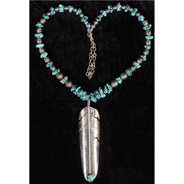Navajo Turquoise And Sterling Silver Feather Necklace [202787]