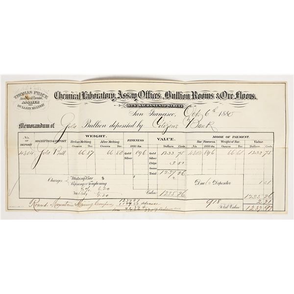 Thomas Price Gold Bullion Assay Memorandum for Round Mountain Mine, Nevada City, 1880 [201534]