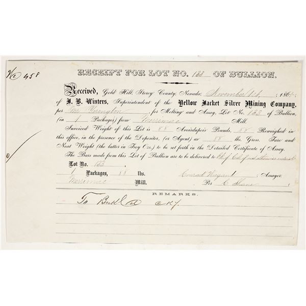 Yellow Jacket Silver Mining Assay Receipt for Conrad Wiegand, 1865 [195896]