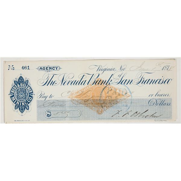 Best & Belcher Mining Company Check Issued to Assayer Conrad Wiegand, 1878 [201608]