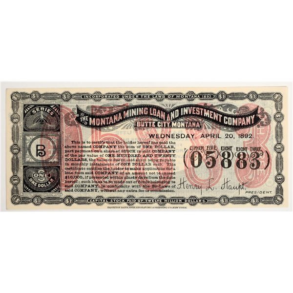 Montana Mining Loan & Investment Company Subscription Certificate [204610]