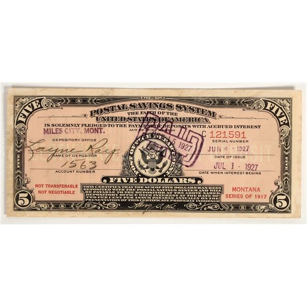 Postal Savings System $5 Certificate, Miles City, Montana, 1927 [204751]