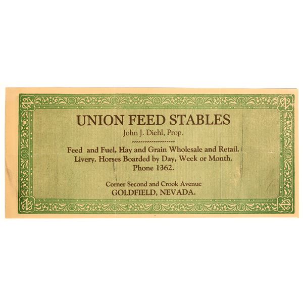 Union Feed Stables, Goldfield, Nevada Advertising Currency Note [204771]