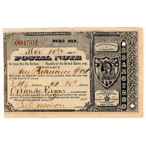 Reno, Nevada Postal Note, 1884 [204515]
