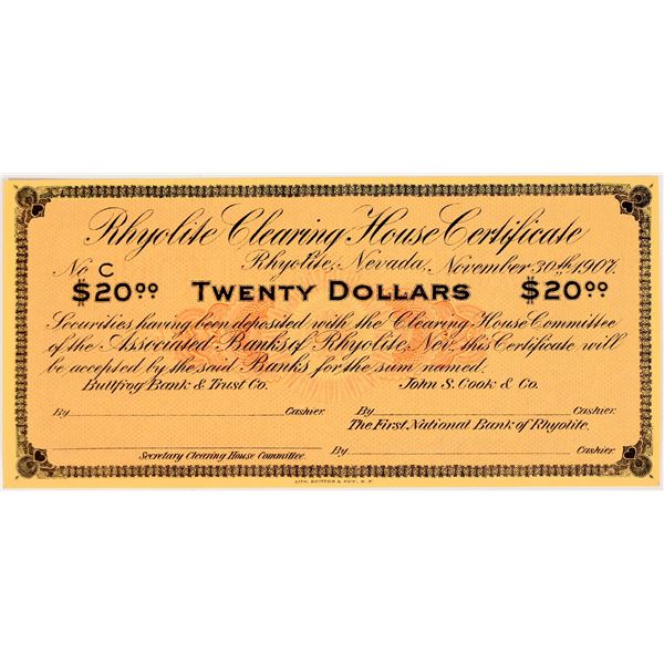 Rhyolite Clearing House Certificate $20 Scrip [204524]