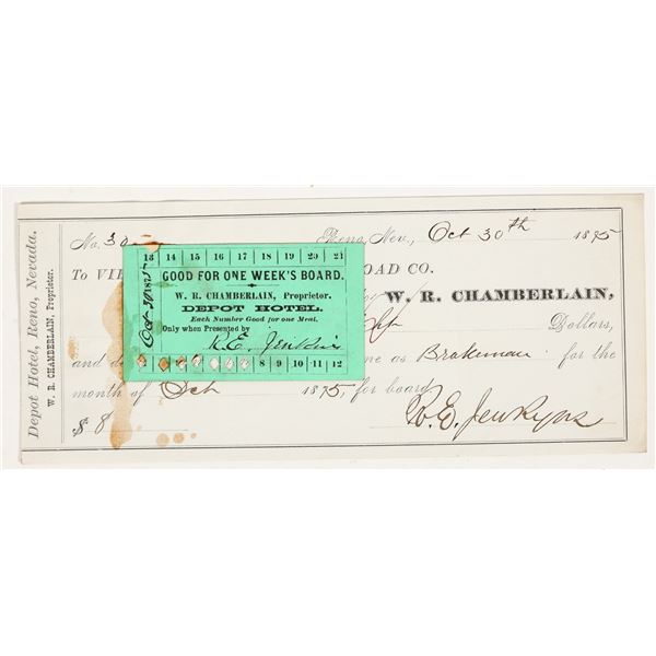 Depot Hotel Meal & Board Ticket to Virginia & Truckee Railroad, 1875, Reno, Nevada [205035]