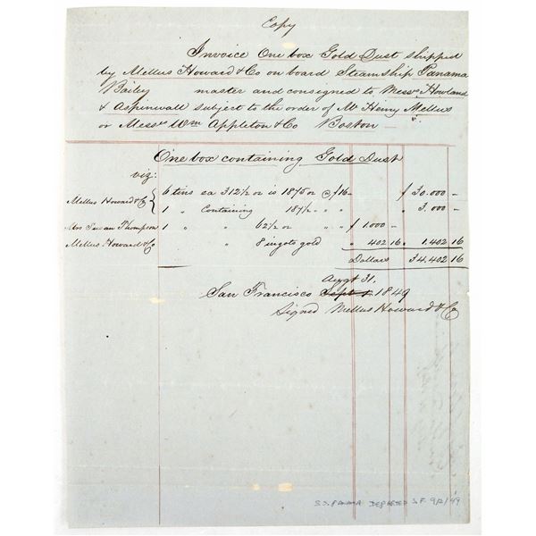 Invoice for Gold Dust & Ingot Shipment on the S.S. Panama September, 1849 [194522]