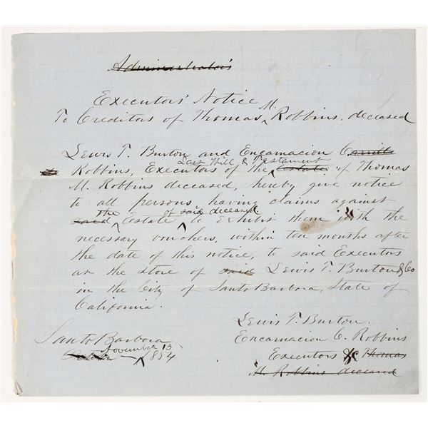 1854 Santa Barbara, California Estate Document (Gold Rush Era) Signed by First Mayor [204135]