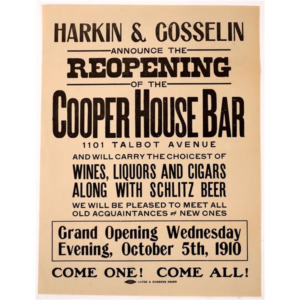 Cooper House Bar Broadside, 1910 [164881]