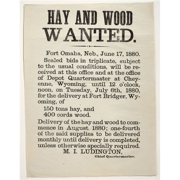 Fort Omaha Broadside for Hay & Wood to Fort Bridger, Wyoming, 1880 [204617]