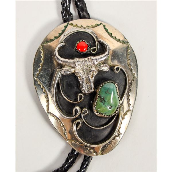 Bovine Bolo Tie w/ Turq & Coral Inset, Chrome [202600]