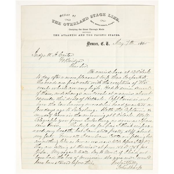 Overland Stage Letterhead, Denver, Colorado Territory, 1865 to Ft. Bridger Post Trader [202735]