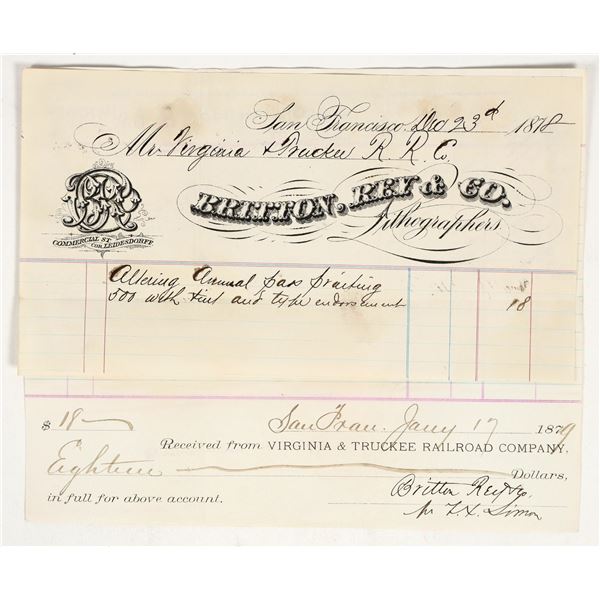 Britton, Rey & Co. Billhead for the Printing of Virginia & Truckee Railroad Passes, 1878 [201487]