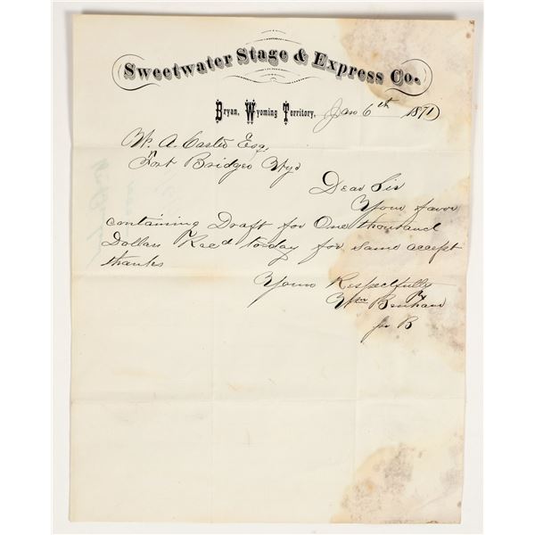 Sweetwater Stage & Express Company Letterhead, Bryan, Wyoming Territory, 1871 [202736]