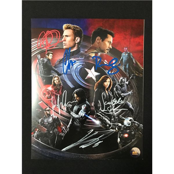 MULTI SIGNED AVENGERS 8X10 INCLUDING JOHANNSEN, DOWNEY JR AND EVANS - KB COA