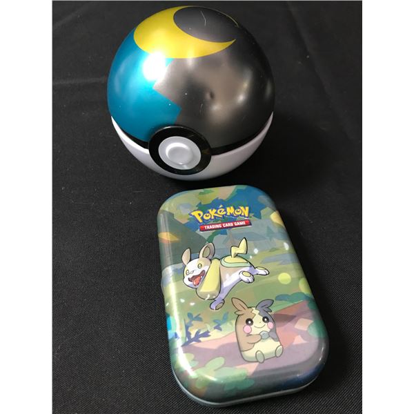 1 TIN BOX OF POKEMON TCG AND 1 POKE BALL