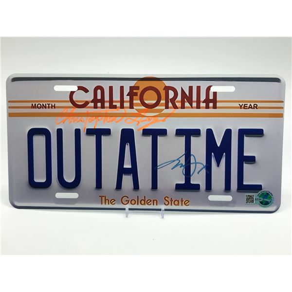 CHRISTOPHER LLOYD AND MICHAEL J FOX DUAL SIGNED OUTATIME LICENSE PLATE - WWOC COA