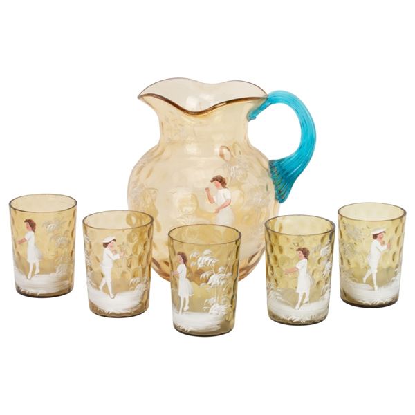 Antique Hand-Painted Bubble Glass Pitcher Set
