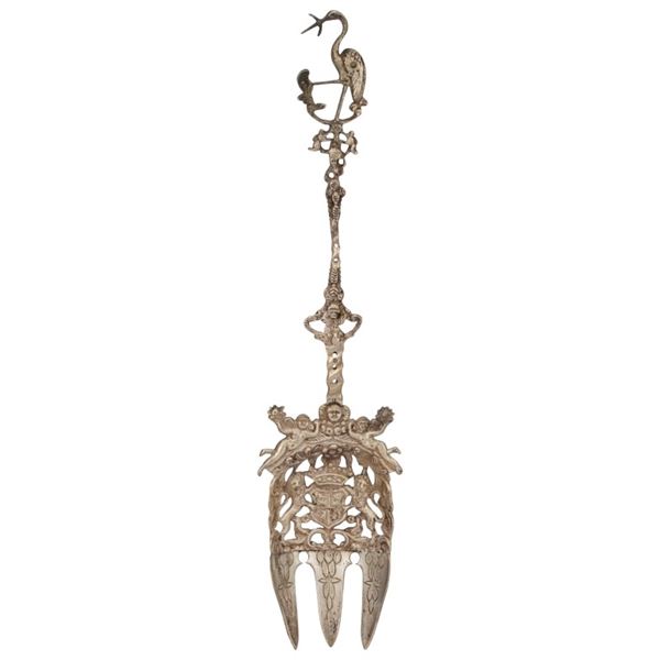 Antique Dutch Silver Stork Handle Serving Fork