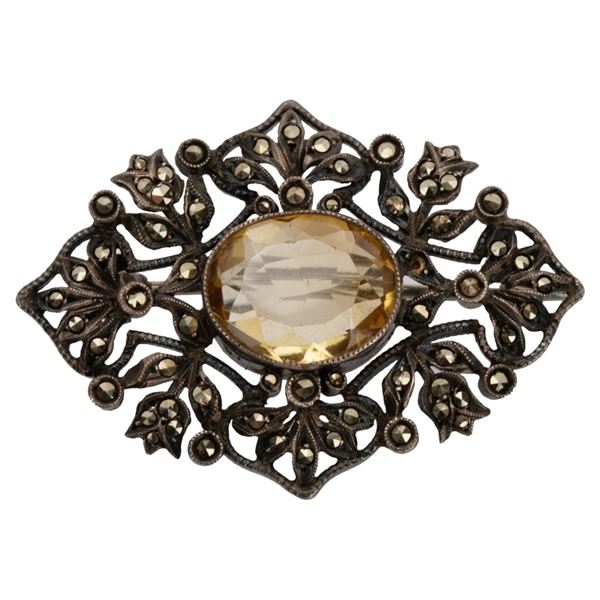 Antique Sterling Marcasite Citrine Gemstone Brooch