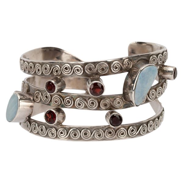 Brutalist Sterling Opal Garnet Jeweled Cuff