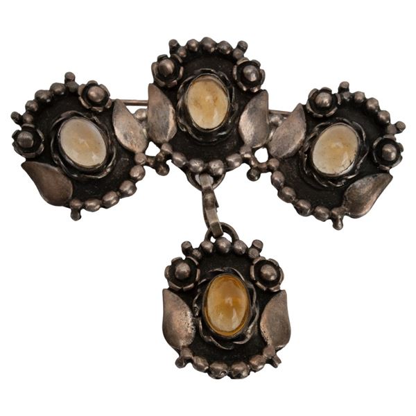 Art Nouveau Sterling Citrine Glass Cabochon Brooch