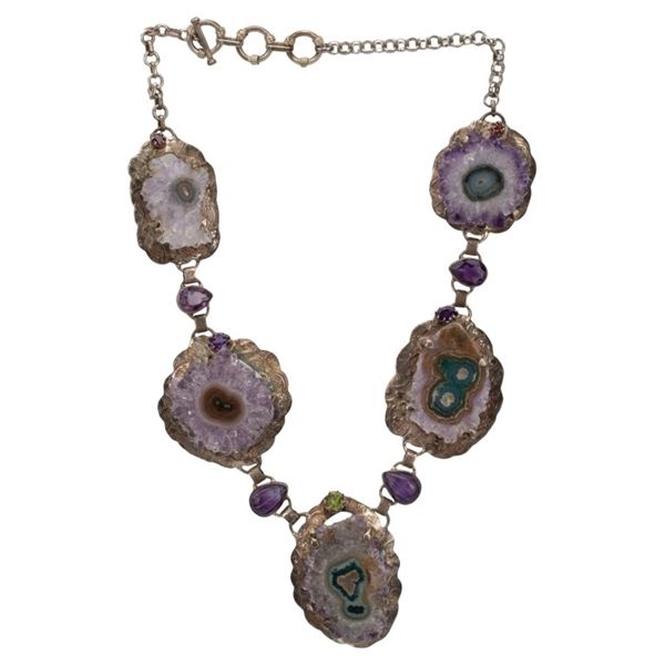 Sterling Amethyst Stalactite Geode Bib Necklace