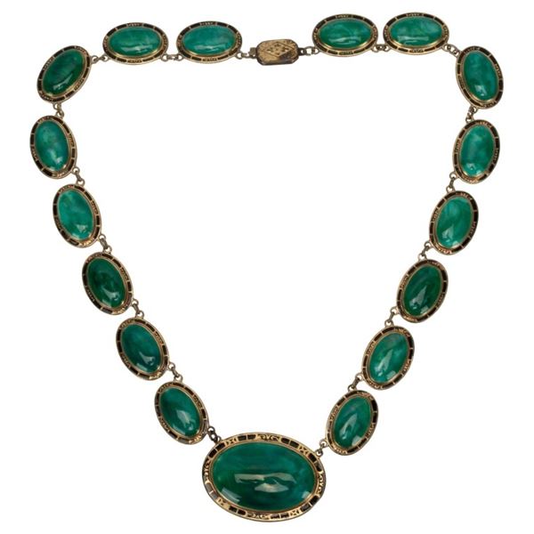 Antique Czech Gilt Brass Green Enamel Choker