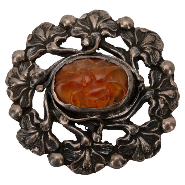 Antique Sterling Carved Carnelian Floral Brooch
