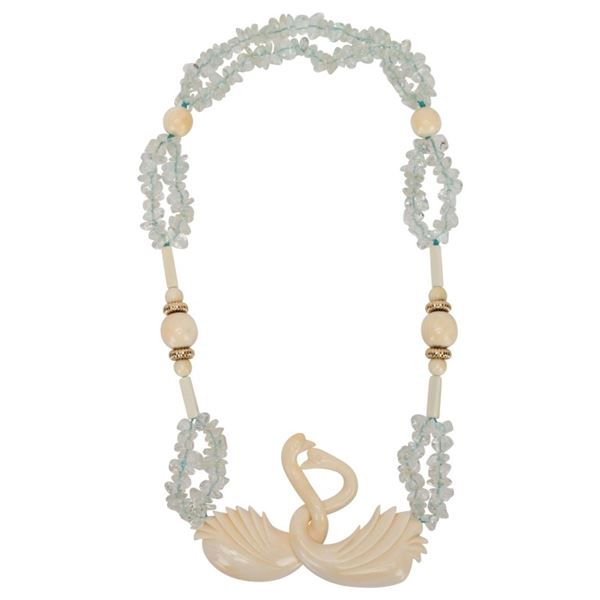 Carved Swans Bone Bead Tumbled Aquamarine Choker